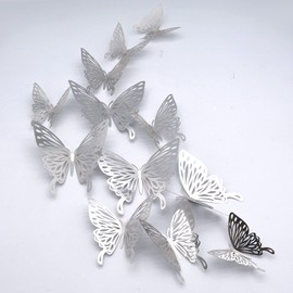 3D Butterfly Wall Stickers, CAYUDEN 24pcs Removable Silver Butterfly Wall Decor Stickers DIY Butterfly Stickers Decor for Living Room, Door, Window, Wedding, Party Decoration, Nursery Room(Silver)