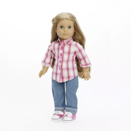 MangoPeaches Button Shirt & Lt Blue Jeans sneakers Fits 18" American Girl Dolls