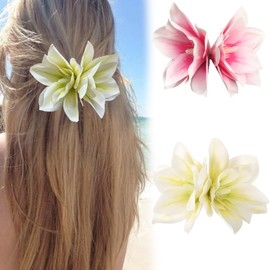 2 PCS Hawaiian Flower Hair Clips for Women Orchid Hair Claw Clips Artificial Hibiscus Flower Hair Barrettes for Wedding Bridal Beach Party(Pink White+Yellow White)