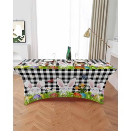 Lovely Rabbits Hiding Green Grass Easter Eggs Spandex Table Cover,Fitted Tablecloth for 6ft Rectangle Table Washable Elastic Stretch Patio Tablecloths,Black White Buffalo Plaid Table Cloth for Party