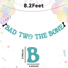 Bad Two the Bone Banner - Dog 2nd Birthday Decor, Two Year Old Puppy Themed Birthday Party Decorations Blue Glitter