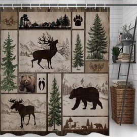 Rustic Cabin Shower Curtain Farmhouse Bathroom Decor, Country Black Bear Deer Moose Forest Woodland Shower Curtain Set, Hunting Cabin Fabric Shower Curtain Bathroom Accessories with 12PCS Hooks, 70X70