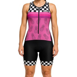 WIXEN Women's Triathlon Suit Sleeveless Tri Suit Padded Cycle Race Swim Bike Run Trisuit Back Pockets, Pink Pineaple, Large