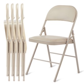 Simple Deluxe 4 Pack Folding Chairs with Leather Padded Cushion Seats & Durable Metal Frame, Comfortable, Foldable, Portable, Commercial Event Seat, Indoor Outdoor for Parties, Home, Office, Kahki