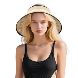 Yymobt Sun Visor Hats Wide Brim for Women Ponytail Hat Straw Beach Hat Foldable UPF 50+ Protection (CA/US, Alpha, One Size, Medium, Beige)