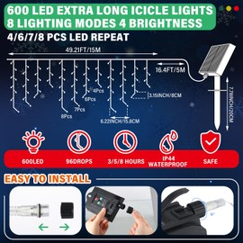 Retisee 600 LED 49.21ft Christmas Solar Icicle Lights Outdoor Decor with Timer 8 Modes Remote, Christmas Solar String Lights Waterproof for Indoor Holiday Christmas Decorations(Colorful)