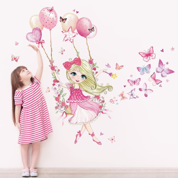wondever Girl on Swing Wall Stickers Butterfly Flower Ballons Peel and Stick Wall Art Decals for Girls Bedroom Kids Room Baby Nursery
