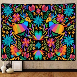 Hjokiupt - Tapiz floral de México, coloridos tapices estéticos tradicionales, decoración mexicana, étnica pastel, para colgar en la pared, para recámara, sala de estar, 60 x 40 pulgadas