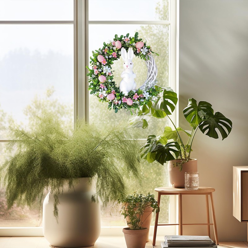 Bohue Easter Bunny Eggs Wreath Artificial Flower Wreath Front Door
