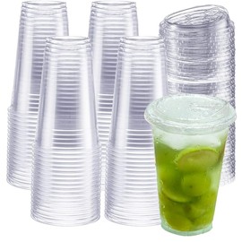 90 Pack - 20oz Clear Plastic Cups with Strawless Sip-Lids, Crystal PET Disposable Drinking Cups for Iced Coffee, Smoothies, Milkshakes, Cold Drinks, Perfect for Parties, Events, and Beverages