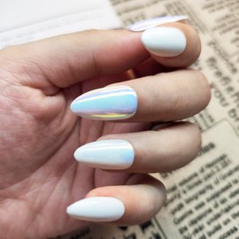 YaCing31 Press On Nails - Pearl Mermaid | shell light Mirror Short Almond False Nails, Reusable Stick On Fake Nails with Glue | 10 of shell light color style - 24 Nail Kit (Pearl White, Medium)