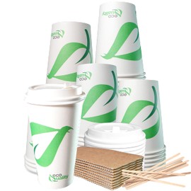 20 oz Compostable Paper Cups with White Dome Lids, Sleeves and Wooden Stirrers - Biodegradable Disposable White Paper Coffee Cups PLA Lined - Eco-friendly Hot and Cold Drinking Cups (100)