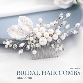 Yean Leaf Bridal Wedding Hair Comb Silver Pearl Bridal Hair Pieces Rhinestone Hair Accessories for Bride and Bridesmaid