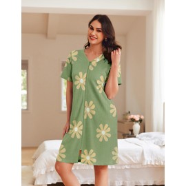 Ekouaer Women Zipper Robes Waffle Short Bathrobe Lightweight House Coat with Pockets Soft Nightgown(Green Floral, 3X-Large)