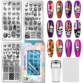 PH PandaHall 3 Pieces Nail Stamping Plate with Flower Skull Pattern Stencil with Skull Pattern for Printing Nail Picture Plate Stainless Steel Stencil for Punk Style Nails for Women DIY, 12 x 6 cm