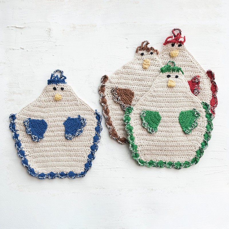 Creative Co-Op Cotton Crocheted Chicken Pot Holder, Multicolor, Set of