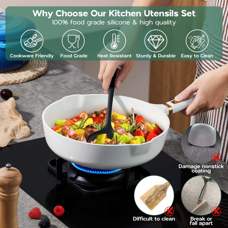 Onader Silicone Cooking Utensils Set, 10 Pieces Black Kitchen Utensils