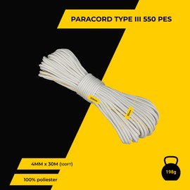EdcX 4 mm Polyester Paracord 550 (15, 30 and 50 m) – 4 mm Type III, Tear-Resistant Parachute Cord for Survival Made of 100% Polyester with 7 Wires | Solid Colours (White, 30 m)
