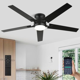 52 Inch Ceiling Fans with Lights and Remote Control, Low Profile Flush Mount, Quiet Reversible DC Motor, Modern Matte Black Finish, Energy Efficient for Bedroom/Living Room Indoor/Outdoor Use