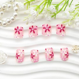 Press on Nails Square Fake Nails Short Pink Full Cover Acrylic Nails Flower Design Glue on Nails Glossy False Nails Press ons Artificial Stick on Nails for Women 24Pcs