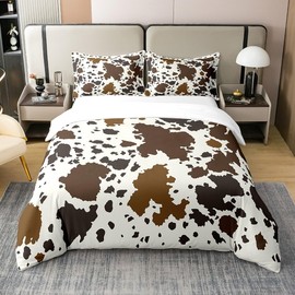 jejeloiu Cow Print Kids Duvet Cover 100% Cotton Queen Size Brown White Rugs for Living Room Cartoon Milk Cow Bedspread Cover Cute Animal Comforter Cover Set