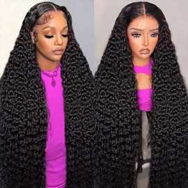 Momaksa Deep Wave Lace Front Wigs Human Hair Pre Plucked 13X4 HD Transparent Lace Front Wigs Human Hair 200 Density Glueless Deep Curly Wigs For Women With Baby Hair 34 Inch