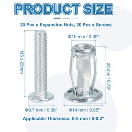 PATIKIL Expansion Screw Petal Nuts M5 x 25 mm, Pack of 20 Jack Nut Carbon Steel Petal Shape Rivet Nut Insert Nuts Fasteners with Screws Mounting for Hollow Wall Thin