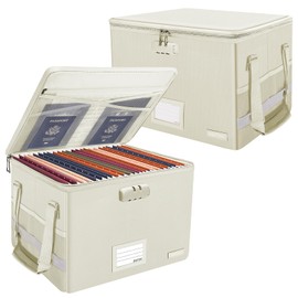 ENGPOW File Box with Lock,Fireproof Document Box with Zipper Lid,Collapsible File Storage Organizer Filing Cabinet with Handles,Portable Home Office Safe for Hanging Letter/Legal Folders,Beige,2 Pack