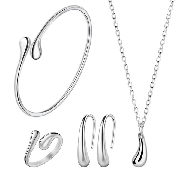 4PCS 925 Sterling Silver Jewelry Set for Women Teardrop Pendant Necklace Earrings Bracelet Ring Fit with Party Meeting Dating Wedding Daily Birthday Gift