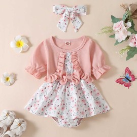 Newborn Baby Girl Romper Dresses Clothes Set Short Sleeve Floral Ruffle Bow Overall Bodysuit Onesie Floral Skirt Hem Outfit (B-style Pink, 9-12 Months)
