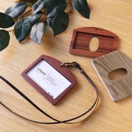 Jamale Natural Wood ID Card Holder, Made in Japan, Neck Strap, Purple Heart