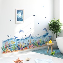 decalmile Wall Tattoo Under the Sea Seaweed Wall Sticker Ocean Sea Grass Dolphin Fish Ocean Wave Border Wall Sticker Nursery Baby Room Bathroom Wall Decoration