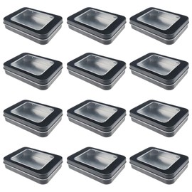 12 Pack Empty Rectangular Metal Storage Organizer Tins with Clear Window Hinged Lids for Candies, Gifts & Treasures (Black)