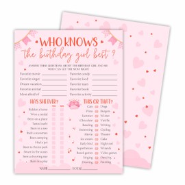 luixd 6"X8" Who Knows The Birthday Girl Best - Pink Full Print Heart Funny Double-Sided 3-in-1 Game Card Set for Girls Birthday Party, Sleepover Party Activities, Favor & Supplies (20 Pcs)- A04