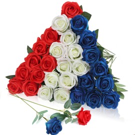 LPREUTWN 30pcs Silk Roses Artificial Flowers Red White Blue Fake Rose with Long Stem Realistic Single Stem Flowers for 4th of July Wedding Centerpieces Independence Day Home Decor