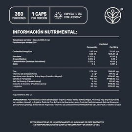 LIFE 360+ Mens Testo L-Arginina Maca Negra Roja y Amarilla| 360 cápsulas