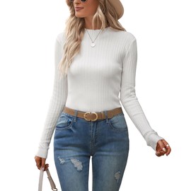 OUGES Women's White Sweaters 2023 Fall Fashion Tops Turtleneck Knit Long Sleeve Shirts (White, M)