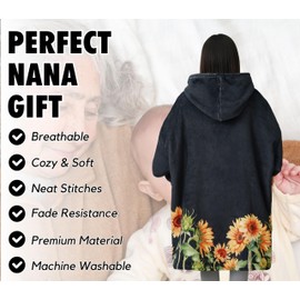 Nana Gifts Wearable Fleece Blanket Hoodie, Super Soft Warm Cozy with Giant Pocket, Gift for Nana on Birthday, Christmas from Granddaughter, Grandson - One Size Fits Most - Full Line Sunflower