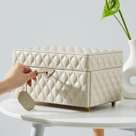 VEE&CO. Jewelry Box,Diamond Quilted Leather jewelry organizer earring holder organizer necklace organizer 2-Layer Jewelry Case with Drawers, with Key Lock,gifts for women (beige, Medium)