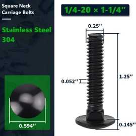 20 Sets 1/4-20 x 1-1/4" Carriage Bolts and Nuts & Flat Washers, 304 Stainless Steel 18-8, Black Coated, Heavy Duty Bolts for Home & Machinery Assembly & Repair, Automobile, by RoyceMart