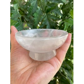 GAF TREASURES 4" Stand Circle Selenite Bowl, Gemstone Carved Selenite Crystal Polished Charging Bowl With Pedestal, Selenite Bowl On Stand