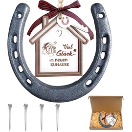 Horseshoe Lucky Charm Decoration Gift Set for Wedding Housewarming Gifts Home Including 1 Horseshoe, 1 Wooden Lucky Charm, 4 Horseshoe Nails and Gift Box