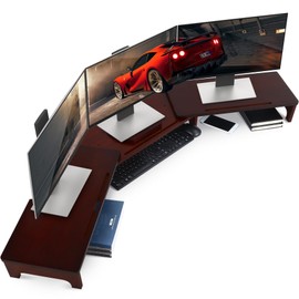 Nnewvante Monitor Stand Riser, Upgrade Height Large TV Riser, 60 inch Large Bamboo Dual Monitor Stand for Desk, 3 Shelves Desktop Screen Riser with Adjustable Length Angle for Computer Laptop Walnut