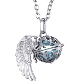 Morella women’s guardian angel necklace stainless steel 70 cm with pendant angel’s wings and chime ball zirconia,in jewellery bag, Stainless Steel