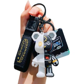 [AIXUAN] Men Women Boys Girls Cool Semi Machine Body Standing Bear Keychain Christmas Gift Animal Pendant Metal Keychain (White)