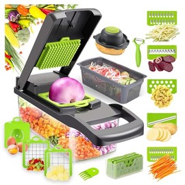 Cortador de Verduras, 16 en 1 Picador de Verduras con 7 Cuchillas de Acero Inoxidable, Rayadores para Verdura para Cocina, Ideal para Frutas, Verduras