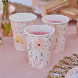 Ginger Ray Pink Floral Paper Birthday Cups Party Tableware 8 Pack, Pastel