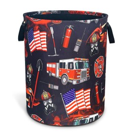 Fire Truck Fireman Laundry Basket Firefighters Oxford Cloth Laundry Hamper With Handle Foldable Portable Clothes Storage Basket 18.9 X 16.5 In Storage Bag For Laundry Room/Bathroom/Bedroom/Dormitories