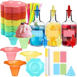 Maxcheck 110 Pcs 16oz Plastic Snow Cone Syrup Bottles with Liquor Spouts 16oz Clear Empty Bar Juice Pour Bottles with 8oz Snow Cone Cups Cone Spoon Straws for Hawaiian Holiday Summer Birthday Party
