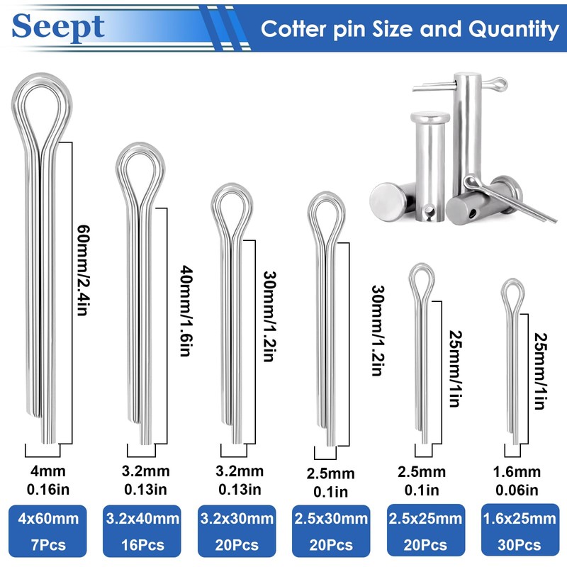 200Pcs 304 Stainless Steel Cotter Pins Assortment Kit - Hitch